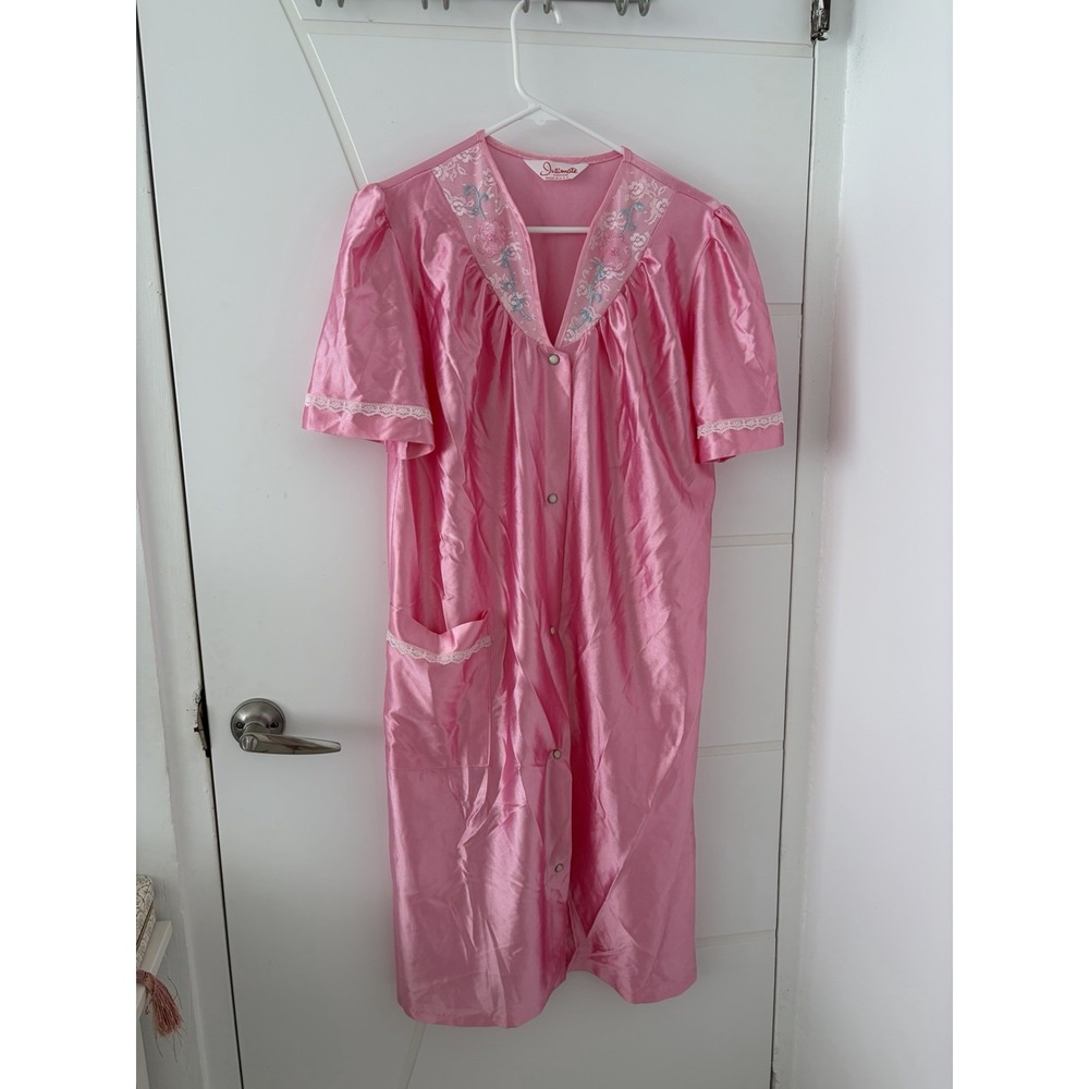 Vintage Intimate Fashions Pink Satin House Coat Robe Embroidered Large USA